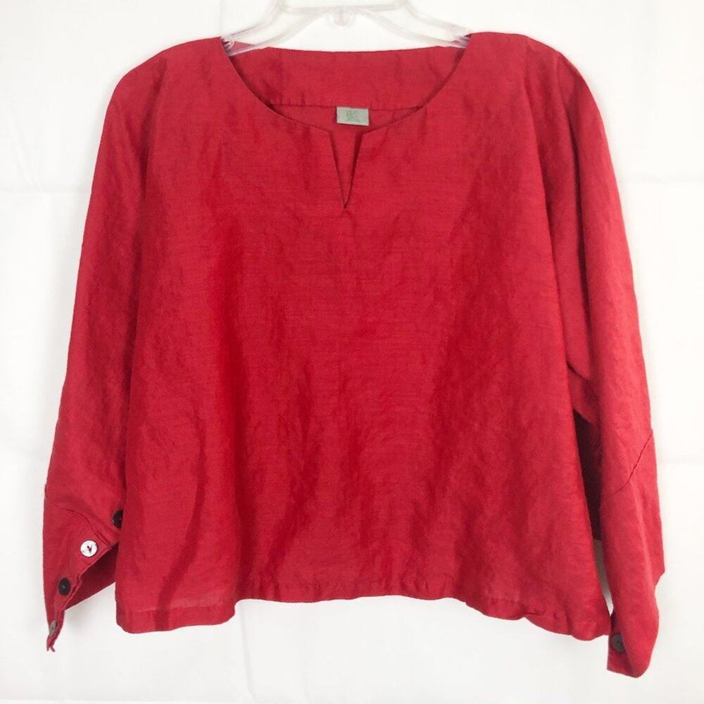 Indigo Linen Red V-Neck Boxy Top Size M Wide Sleeves